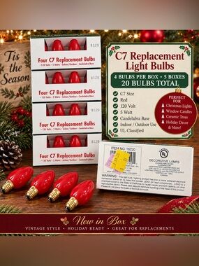 Lot of 5 C7 Red Replacement Christmas Light Bulbs 5W Candelabra Base NIB